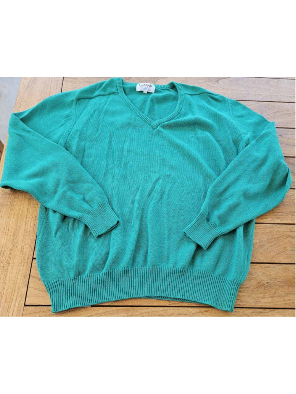Vintage 80s 90s La Mode Jaguar Car Embroidered V-Neck Sweater Green 100% Cotton